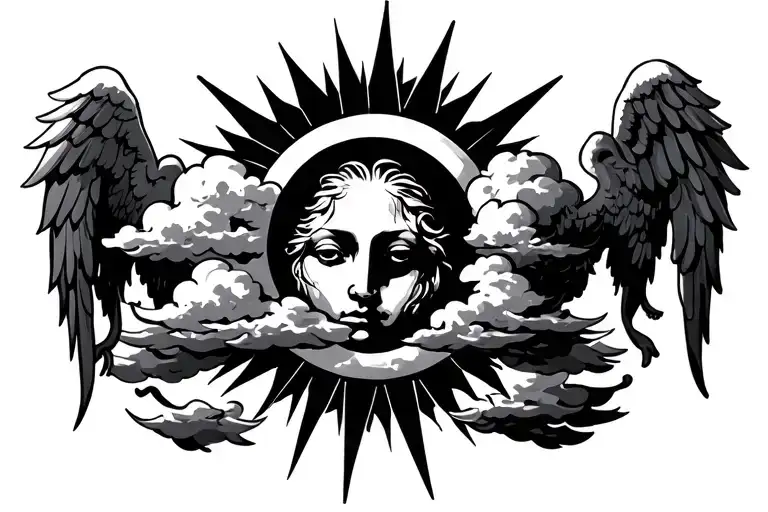 A sun with clouds on the side cross by the ray of the sun AV3C two angel one on the left the other on the right tattoo design idea
