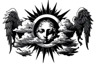 A sun with clouds on the side cross by the ray of the sun AV3C two angel one on the left the other on the right tattoo design idea