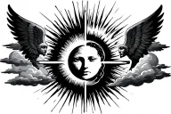 A sun with clouds on the side cross by the ray of the sun AV3C two angel one on the left the other on the right tattoo design idea