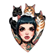 woman punk with gang of cats tattoo design idea