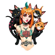woman punk with gang of cats tattoo design idea