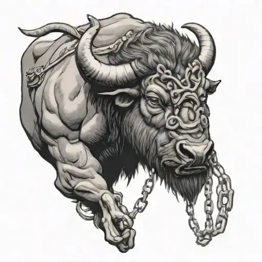 A muscular buffalo who has surrendered and his hands are chained in front of him. tattoo design idea