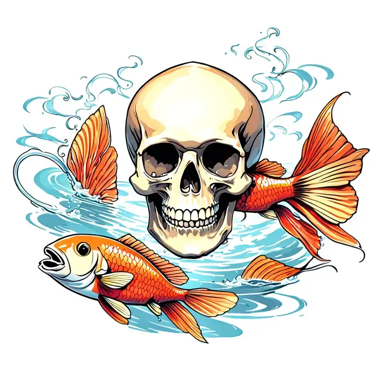 skull and fish swimming tattoo design idea
