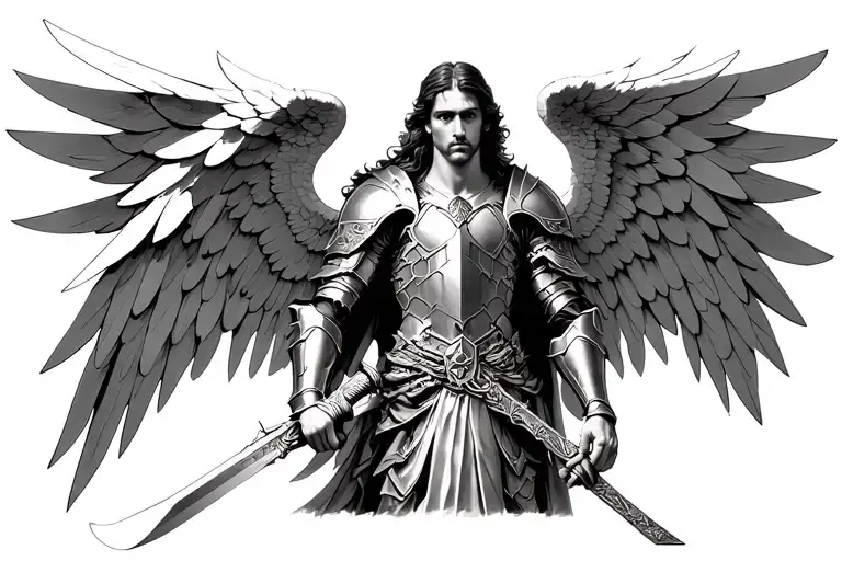 Archangel Gabriel in divine warrior with complex armor, detailed sword and detailed wings in black and white tattoo design idea