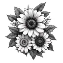 Flower of life, scarlet begonias and black-eyed susan tattoo design idea