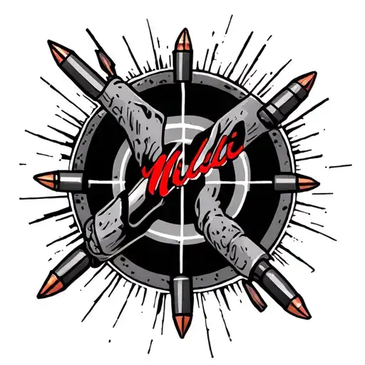 the name milli with target surrounded by bullet tattoo design idea
