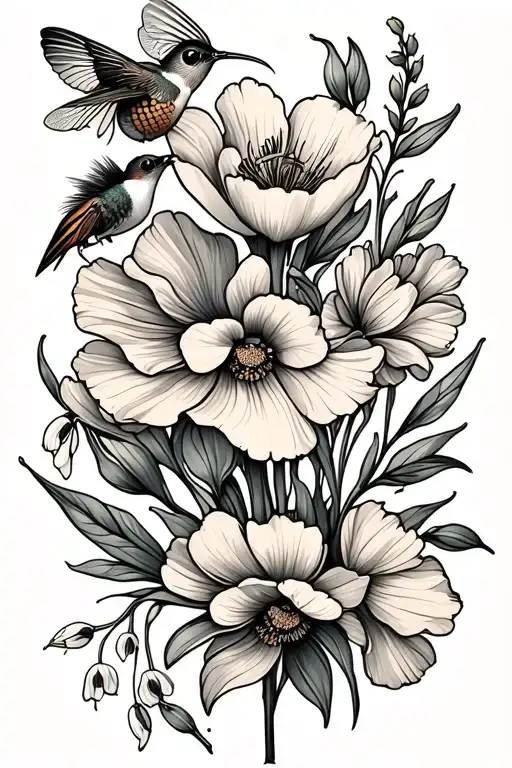 honey suckle gladiolus peony snowdrop poppy flowers bee hummingbird lady bug tattoo design idea
