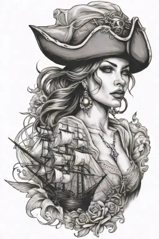 pirates and ships and beautiful woman tattoo design idea