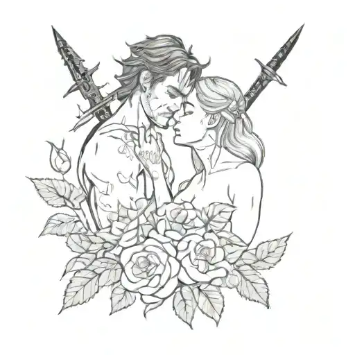 A dark romance scene of two lovers with daggers in their hands, surrounded by thorny roses, with a sketch style tattoo design idea