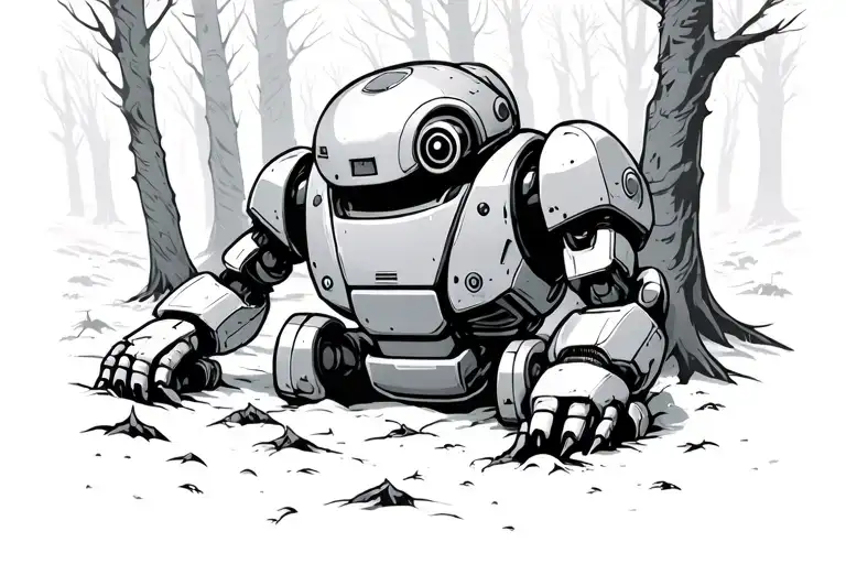 Robot carcass in the forest, astroboy, vintage, ghibli studio, back iron giant tattoo design idea