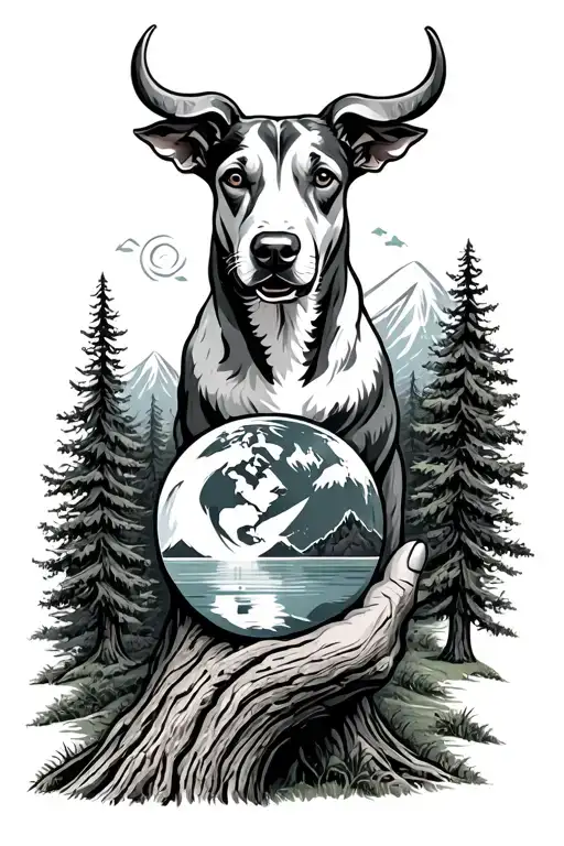 mountain, forest, lake, dog outline, wind from hand touching his world, Taurus zodiac sign carved in stone or tree bark tattoo design idea