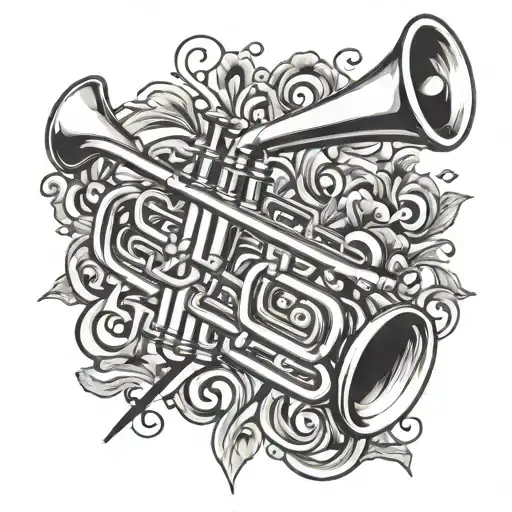 Silver Bach Trumpet blowing out musical notes tattoo design idea