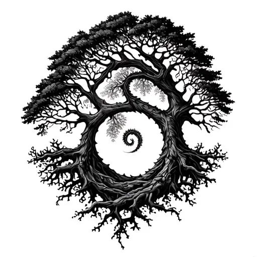 two spiraling alder trees- one pale, one dark - entwined at their branches and roots tattoo design idea