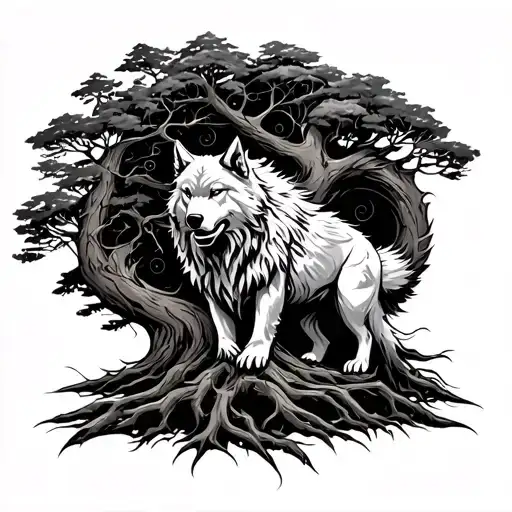 viking Warrior Wolf ygg drasil tree surrounded tattoo design idea