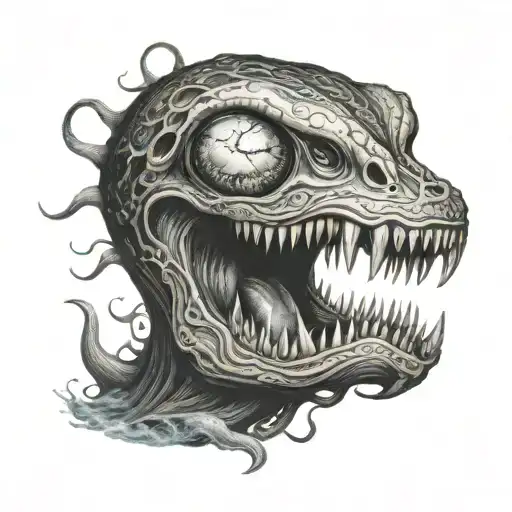 octypus moon with calm eyes large jaws swallowing a woman out of the ocean tattoo design idea