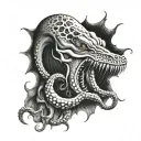 octypus moon with calm eyes large jaws swallowing a woman out of the ocean tattoo design idea
