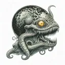 octypus moon with calm eyes large jaws swallowing a woman out of the ocean tattoo design idea