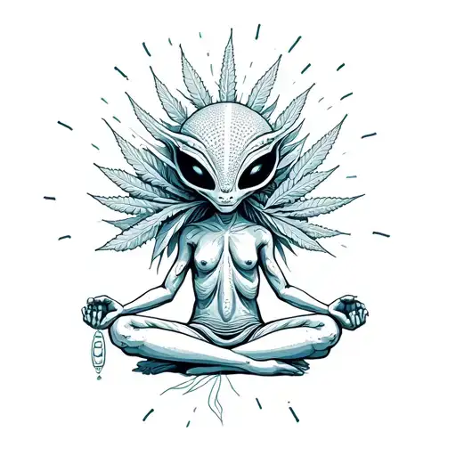 Hippies alien meditating with psychedelic marijuana. Hair of alien must be with RNA and DNA form tattoo design idea