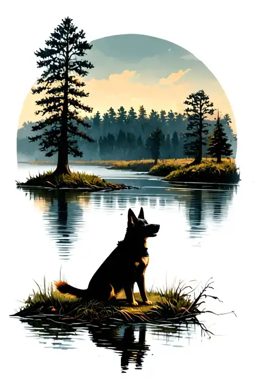 river surrounded by hickory trees with reflection, german shepherd silhouette inorporated in, from ground perspective tattoo design idea
