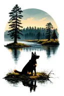 river surrounded by hickory trees with reflection, german shepherd silhouette inorporated in, from ground perspective tattoo design idea