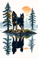 river surrounded by hickory trees with reflection, german shepherd silhouette inorporated in, from ground perspective tattoo design idea