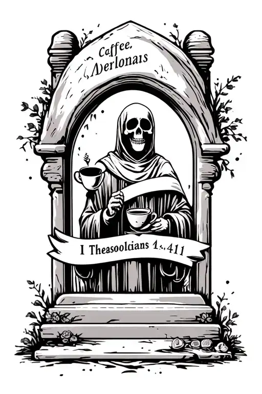 tombstone with a banner that says 1 Thessalonians 4:11 and a grim reaper behind it holding coffee tattoo design idea