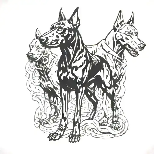 Cerberus doberman dog tattoo design idea