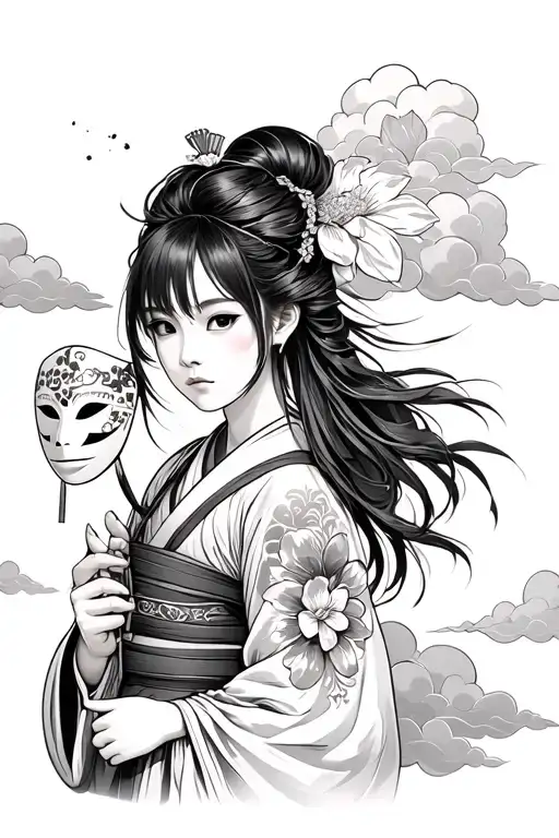 japanese girl samurai holding a mask and flower tattoo at the back and clouds tattoo design idea