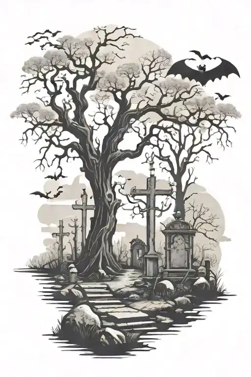 haunted forest scene with grave yards, evil ferries, old gag, tree spirits, bats  tattoo design idea