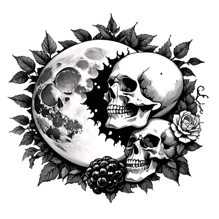 a moon on one shoulder, a sun on the other shoulder, blackberry vines with skulls and flowers  tattoo design idea