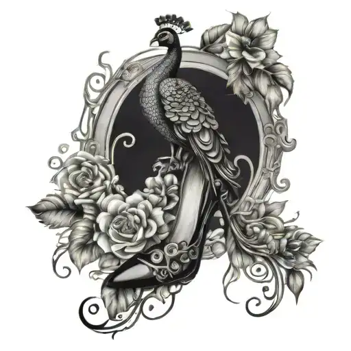 stiletto shoe and peacock linked together by vines tattoo design idea