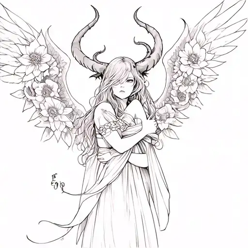 Create a tattoo design featuring a demon girl with wings embracing her and add Japanese-style flowers to the background. tattoo design idea