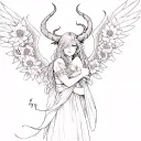 Create a tattoo design featuring a demon girl with wings embracing her and add Japanese-style flowers to the background. tattoo design idea