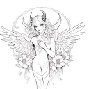 Create a tattoo design featuring a demon girl with wings embracing her and add Japanese-style flowers to the background. tattoo design idea