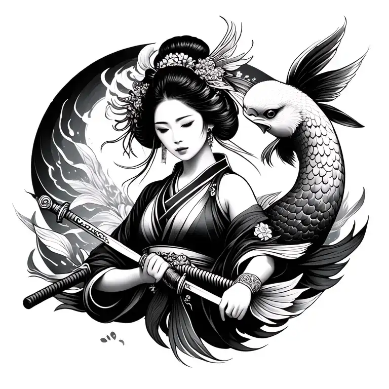 koi fish swimming, geisha holding a katana pheonix and warrior tattoo design idea