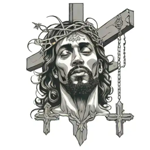 black Jesus hanging a cross with a diamond chains on neck and diamond earrings with tattoos on his body  tattoo design idea