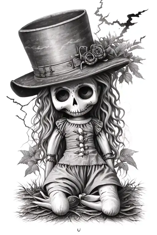 voodoo doll with cylinder hat and nature scene and lightning storm tattoo design idea