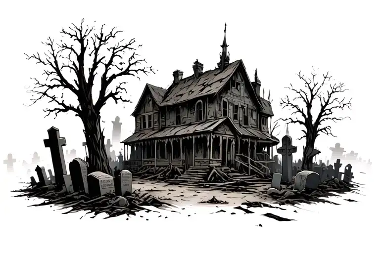post apocalyptic town with graveyard  tattoo design idea