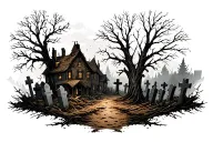 post apocalyptic town with graveyard  tattoo design idea