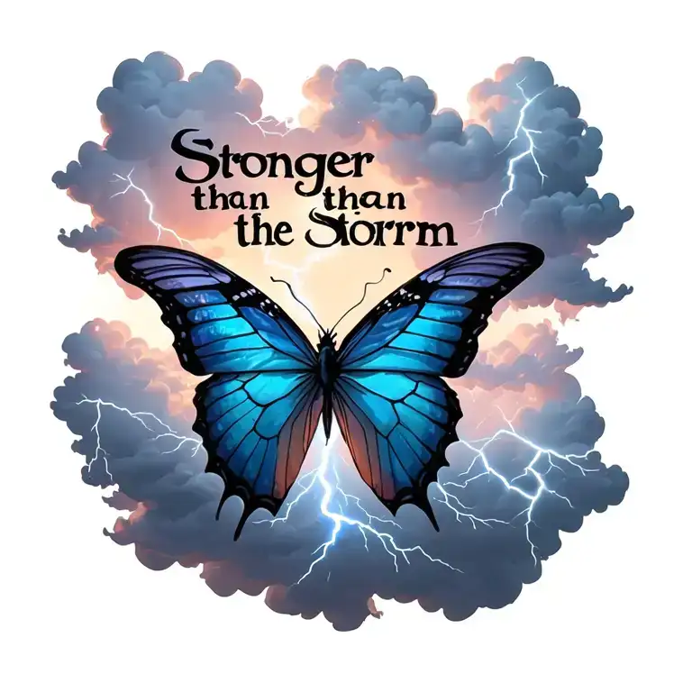 "Stronger than the storm" "Stronger than the storm"  "Stronger than the storm" butterfly emerging from storm clouds forming the shape lightening tattoo design idea