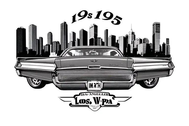 the date 1995 across Stomach WTH Los Angeles skyline and 1963 imalpa lowrider under the 1995 date tattoo design idea