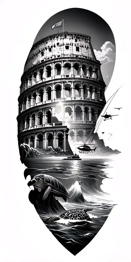 travel tattoo with Rome coliseum, catamaran, Deep sea fishing, Pisa tour, Golf, beach, see turtle, Iceberg, helicopter,  tattoo design idea