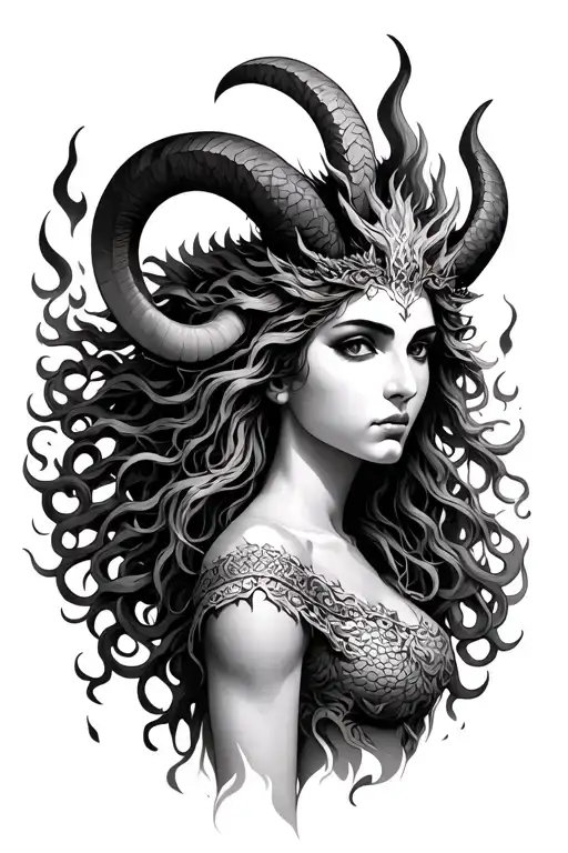 aries goddess, medusa, fire sign, dragon wrapped tattoo design idea