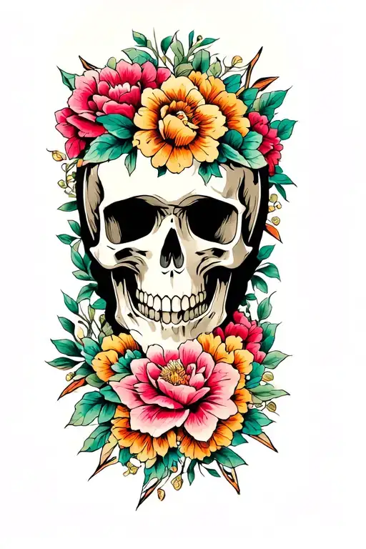 skull with asian floral arm sleeve tattoo design idea