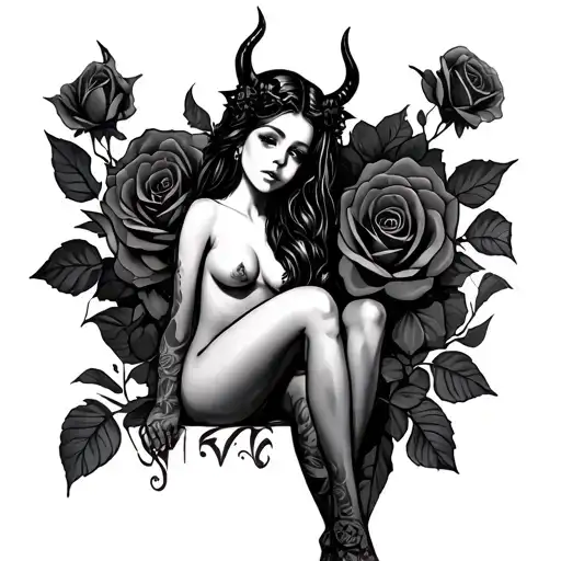 Black rose tattoo with devil girl sitting tattoo design idea