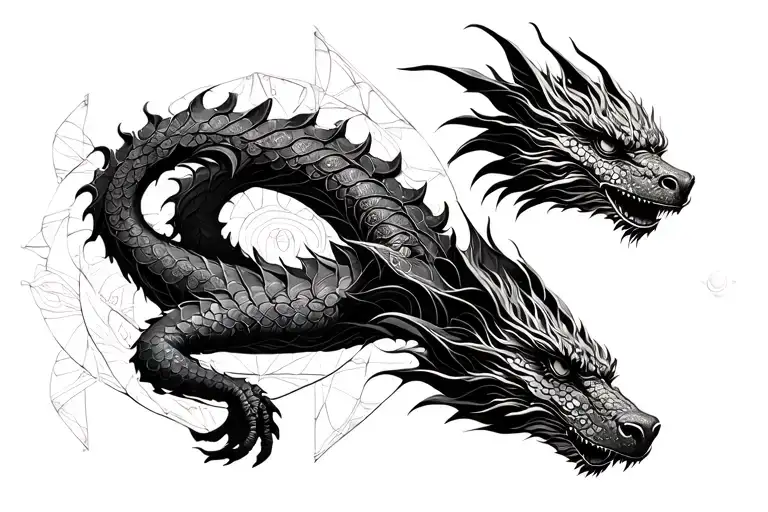 design: feminine dragon crawling upwards. around her: sacred geomtry, orbs tattoo design idea