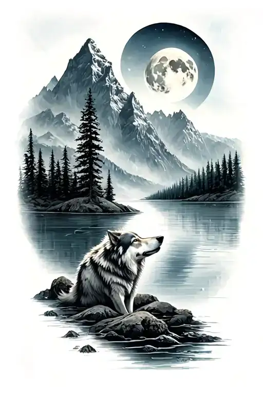 mountains and trees and a lake with a wolf and moon tattoo design idea