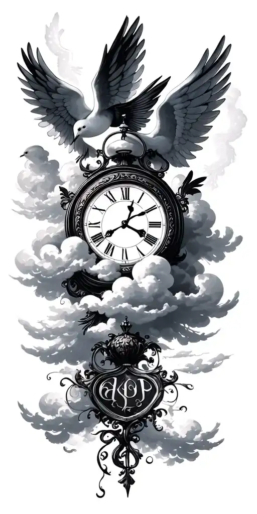 heaven clouds doves clock baby angel script writing tattoo design idea
