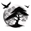 cypress tree with crows flying with sky moon and Taurus constellation  tattoo design idea