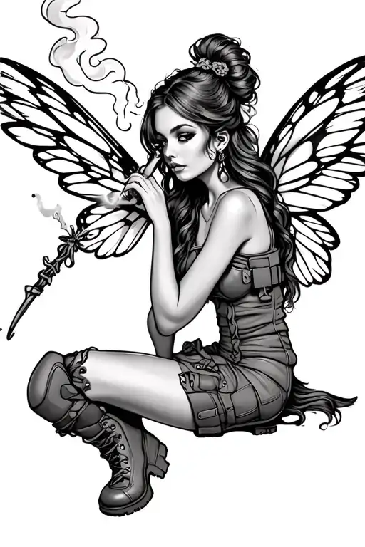 A fairy who smokes with her magic wand; she has wings and military boots on her feet.  tattoo design idea